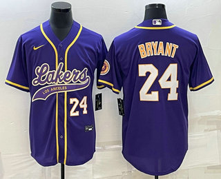 Men%27s Los Angeles Lakers #24 Kobe Bryant Number Purple With Patch Cool Base Stitched Baseball Jersey->los angeles lakers->NBA Jersey